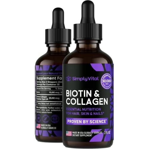 SimplyVital Liquid Biotin & Collagen - Hair, Skin & Nails Vitamins with Biotin 10000mcg & Collagen Peptides - Made in USA - Liquid Collagen for Healthy Skin & Hair Growth Support - 2 fl oz