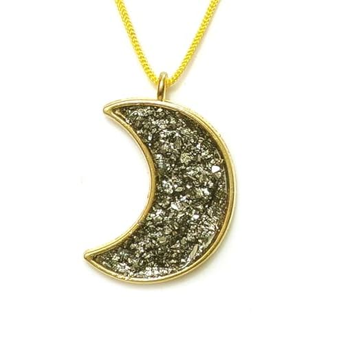 Natural Golden Pyrite Chips Moon Shaped Inside orgone Resin Pendant For Men And Women, SMALL, crystal, pyrite