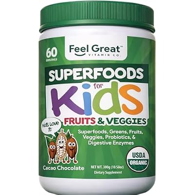 Feel Great USDA Organic Super Greens Powder for Kids - Cocao Chocolate | Fruit & Veggie Supplement | Superfood Powder with Probiotics & Digestive Enzymes for Digestive Health | 60 Days Supply