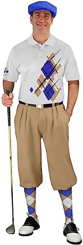 Argyle Utopia Outfit - Mens WWWW: Khaki Royal Blue and White Complete Golf Outfit - Waist Size 36 - Shirt Size X-Large