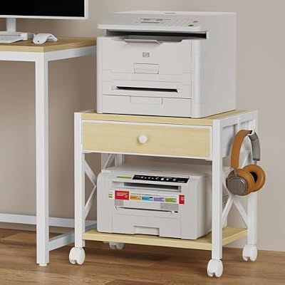 EasyCom 2-Tier Desktop Printer Stand with Large Drawer, Under Desk Storage with Wheels, Small Shelf with Storage for Paper Storage Printer Scanner Fax Home Office Use Beige