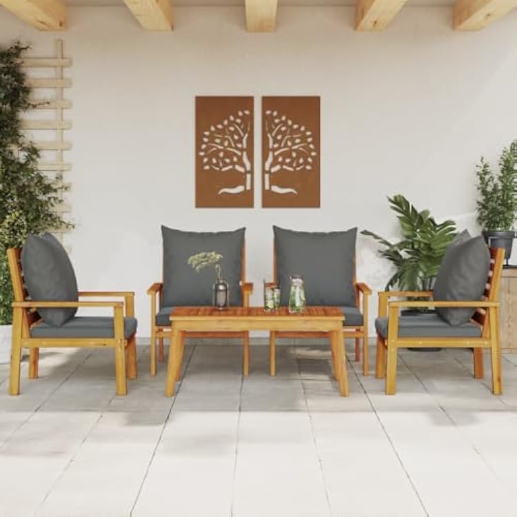 Outdoor Chair Solid Acacia Wood Garden Patio Furniture Table Chair Set, Balcony Conversation Set - Dark Grey Polyester Fabric