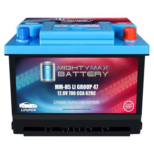 Mighty Max Battery MM-H5LI Lithium Car Battery LiFePO4 12.8V Automotive Start-Stop Compatible Replacement 700CCA 62 RC 27Ah Group 47 Built-in BMS, Lightweight, Long Cycle Life