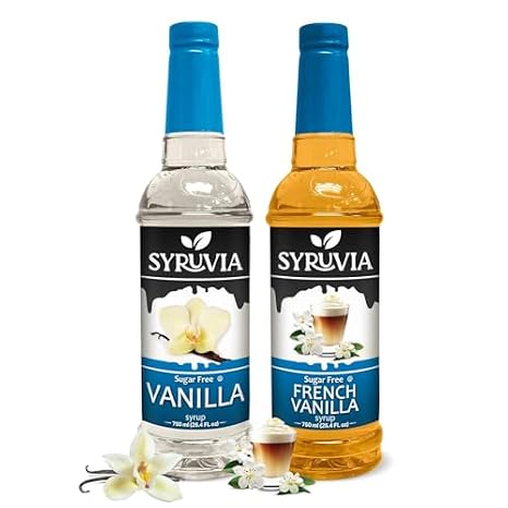 Syruvia Sugar-Free Vanilla & Sugar-Free French Vanilla Coffee Syrup - 25.4 fl oz. Premium Coffee Flavoring Syrup. 0 Calories, Kosher, and Gluten-Free. Ideal for Enhancing Drinks, Sodas,and More.