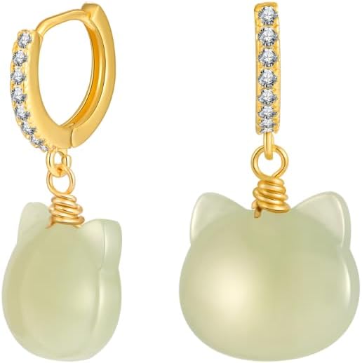 Natural Jade Earrings Hetian Jade Handmade Earrings for Women Cat Shape Dangle Hoop Earrings Lucky Jewelry Gift for Women Girl Her (925 Sterling Silver with Gold Plated)