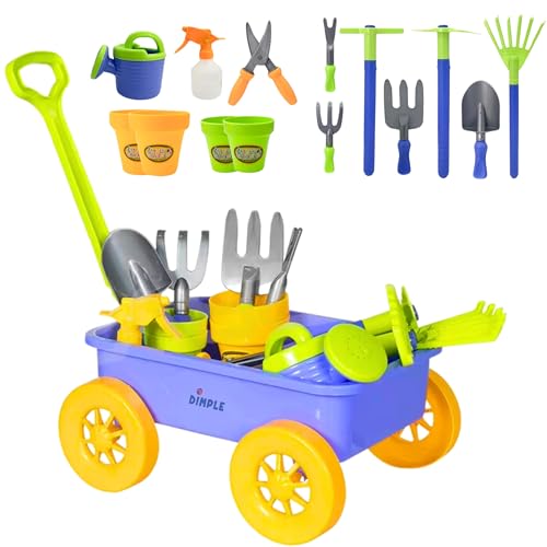 Dimple DCN12752 Garden Wagon & Tools Toy Set Premium 15Piece Gardening Tools & Wagon Toy Set Sturdy & Durable-Top Yd, Beach, Sand, Garden Toy-Great for Kids & Toddlers, Multicolor