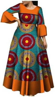 BAZINRICHE African Dresses for Women Long Sleeve O Neck Print Casual Party Dress
