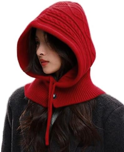 Peicees Knitted Balaclava Drawstring Hooded Scarf Hat Womens Beanie Skull Cap Winter Neck Gaiters Fashion