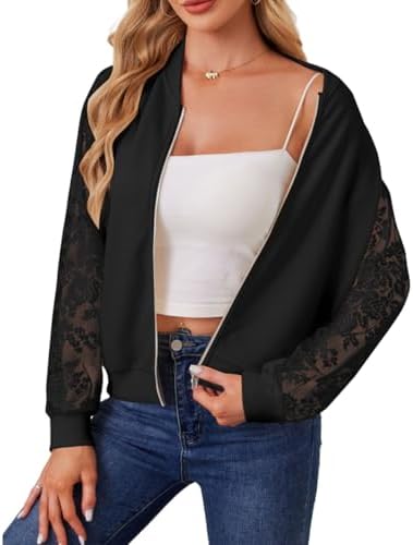 TangDao Women's Lightweight Jackets Contrast Lace Zip Up Baseball Collared Bomber Tops Long Sleeve Casual Coat Outerwear