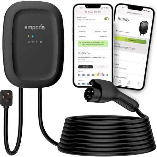 EMPORIA Level 2 EV Charger w J1772 Connector 48 Amp, 240V WiFi Enabled Electric Vehicle Charging Station, 25ft Cable, NEMA 14-50, Black
