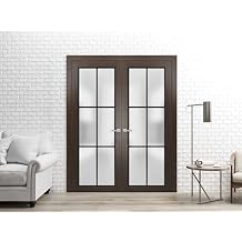 SARTODOORS Planum 2122 | Double Swing Interior French Doors with Glass with Frosted Glass, Solid Wood, Hardware Included, 84x84, Brown, Modern