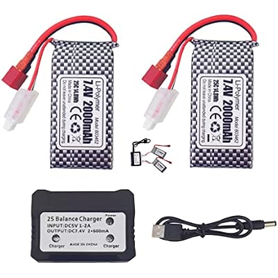 sea jump 2PCS 7.4V 2000mAh T-Plug Li Battery with 2-in-1 Charger for 9200 9200E 9202E 9203E 9204E 9205E 9206E 2995 YC300 HM101 25-DJ02 9125 S920 S921 HB101 WLtoys Remote Control Car RC Boat Drone