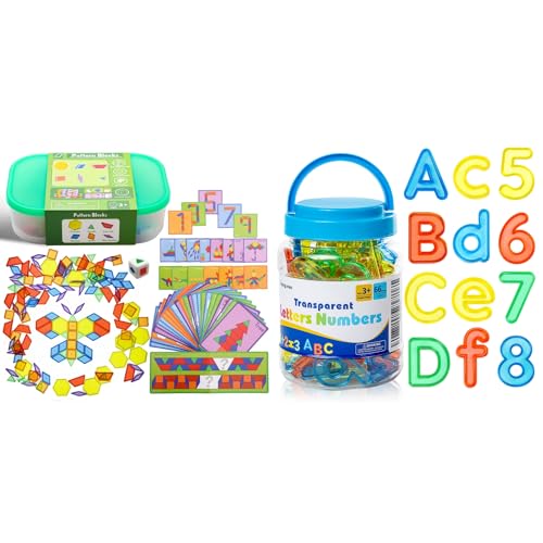 140 Pcs Translucent Pattern Blocks,Geometric Shapes - 66 Pcs Translucent Letters and Numbers Light Table Manipulatives