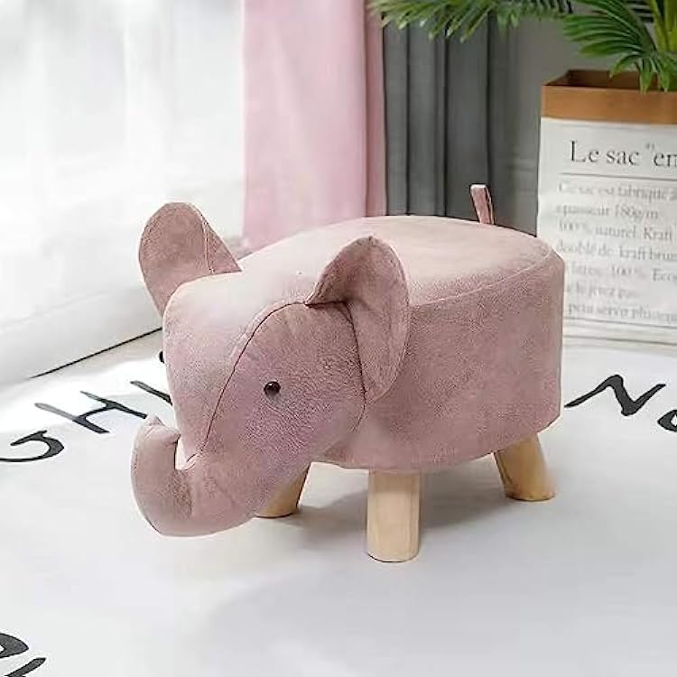 Cute Animal Footstools, Footrest Ottoman with Soft Padded Cushion and Non Slip Feet, Baby Elephant Wood Ottoman Stool Sofa Tea Stool for Decor, Bedroom Pink
