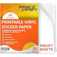 Frisco Craft Premium Printable Vinyl Sticker Paper for Inkjet Printers - Matte, 8.5" x 11" (A4) - Water-Resistant, Durable, Easy-Peel Sheets for Custom Labels, Decals, Stickers (25 Sheets)