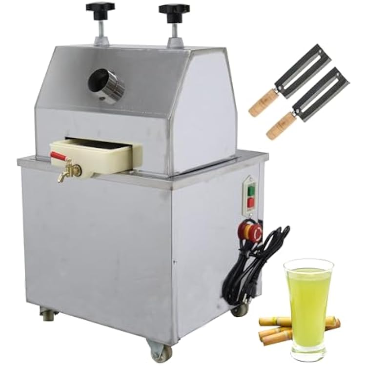 TECHTONGDA Sugar Cane Juicer Machine Electric Sugarcane Juice Extractor Squeezer Sugarcane Press 110V 3 Stainless Steel Rollers Sugar Cane Juicer Press with 2 Knives on Wheels for Home and Commercial