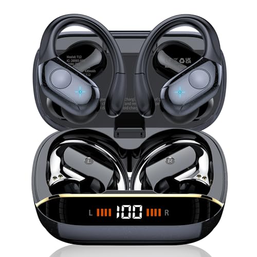 Wireless Earbuds Bluetooth 5.4 Headphones 75H Playtime Stereo Deep Bass Sports Ear Buds with Earhooks, LED Display Bluetooth Earbuds with 4 ENC Mic, IP7 Waterproof Earphone for WorkoutRunning, Black