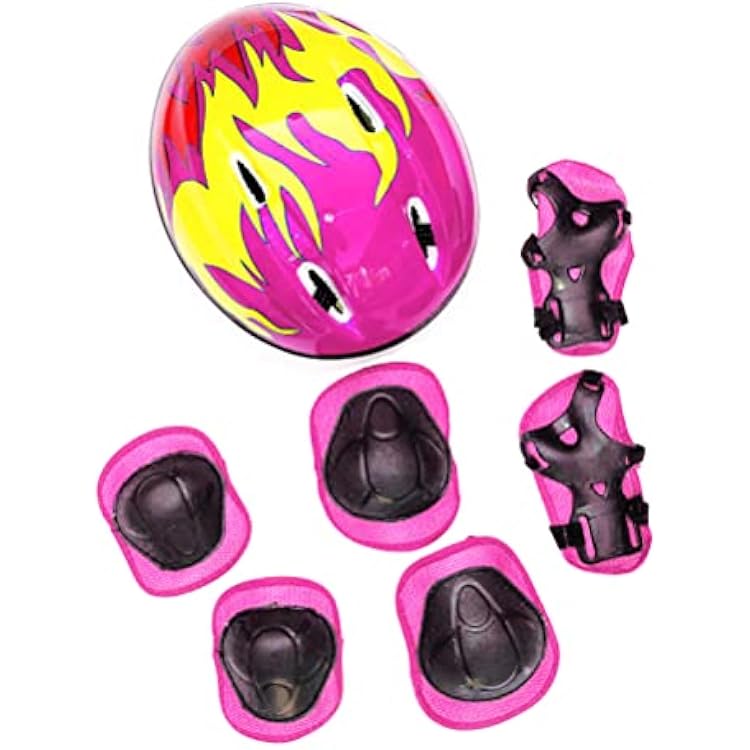 EMUKOEP 7pcs Kids Protective Gear with Adjustable Helmet Knee Pads Elbow Pads Wrist Pads for Roller Skates Pink