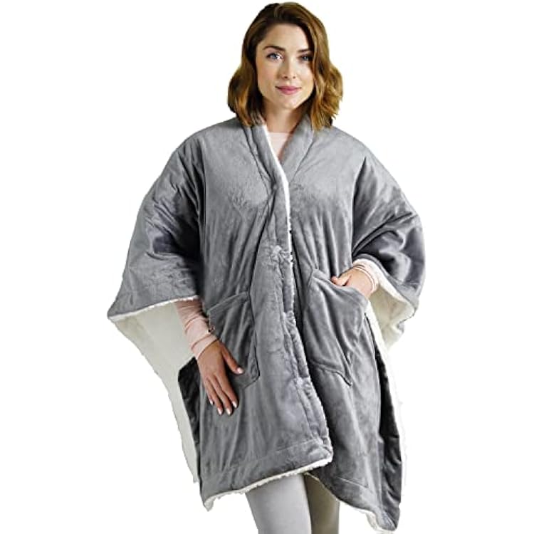 Pure Enrichment PureRelief Plush Heated Shawl - 4 InstaHeat Settings, Wearable Design with Snap Closures, Deep Pockets, Soft Micromink & Sherpa Fabric, Auto Shut-Off Timer, Machine Washable