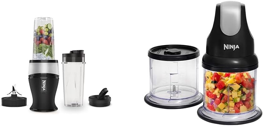 Ninja 700W Slim Blender & Smoothie Maker, 2x 470ml Cups with Spout Lids, Personal Blender, Crush Ice & Frozen Fruit, SilverBlack QB3001UKS & Professional Chopper [NJ1002UKBK] Stackable, 200W, Black