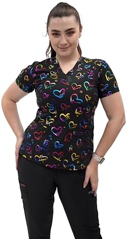 FUBU Women's V-Neck Print Scrub Top Medical Nursing Uniform