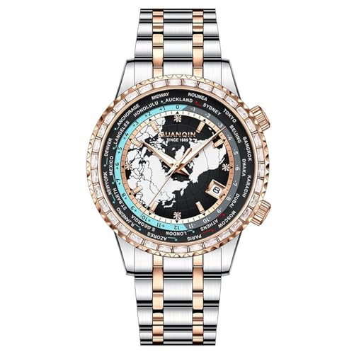 GUANQIN Vintage Men Calendar World Map Dial Luminous Japanese Automatic Self-Wind Mechanical Watch Sapphire Crystal Business Waterproof Clock Man Stylish Stainless Steel Rhinestones Wristwatch