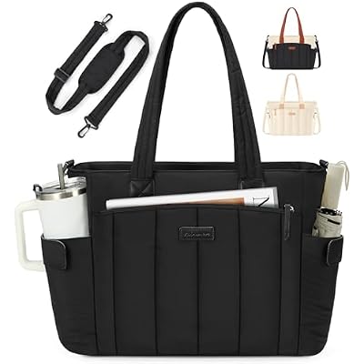RAINSMORE Laptop Tote Bag for Women 15.6 Inch Puffer Quilted Work Bag with 40oz Cup Holder Large Capacity Lightweight Shoulder Bag for Teacher Travel Business Casual Office Professional, Black
