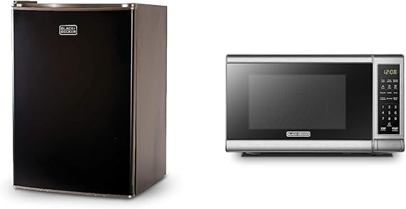 BLACK+DECKER BCRK25B Compact Refrigerator Energy Star Single Door Mini Fridge with Freezer, 2.5 Cubic Feet, Black & EM720CB7 Digital Microwave Oven with Turntable Push-Button Door