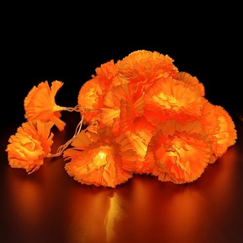 Marigold Garland String Lights Day of The Dead Decoration - 10ft 20 LED Marigold Flower Garlands Lights Battery Operated - Dia de Los Muertos Decoration for Diwali Halloween Indian Party