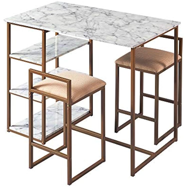 Versanora Marmo Modern Marble-Look Breakfast Table Set with 2 Stools and Storage, 36 inch Height, Brass