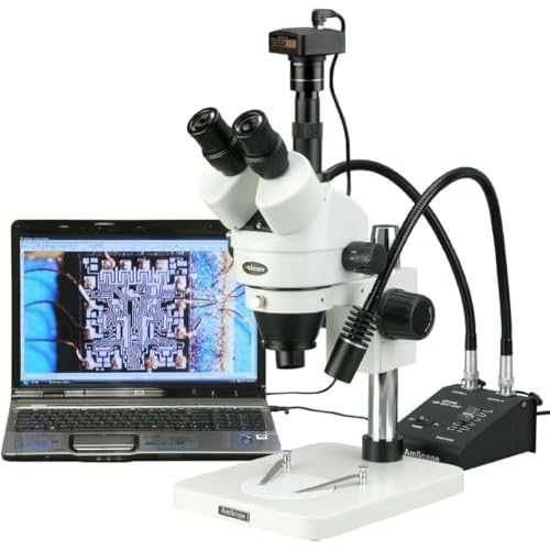 AmScope SM-1TSW2-L6W-5M Digital Professional Trinocular Stereo Zoom Microscope, WH10x and WH25x Eyepieces, 3.5X-225X Magnification, 0.7X-4.5X Zoom Objective, 6W Dual-Gooseneck LED Light, Pillar Stand, 85V-265V, Includes 0.5X and 2.0X Barlow Lenses, Includes 5MP Camera with Reduction Lens and Software