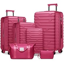 Luggage Sets 6 Piece Hardshell Spinner Wheels, Rose Red Expandable Suitcases with Tsa Locks Duffel Bag, Large Checked and Carry on Suitcase Set for Business Trips Travel Family Vacations