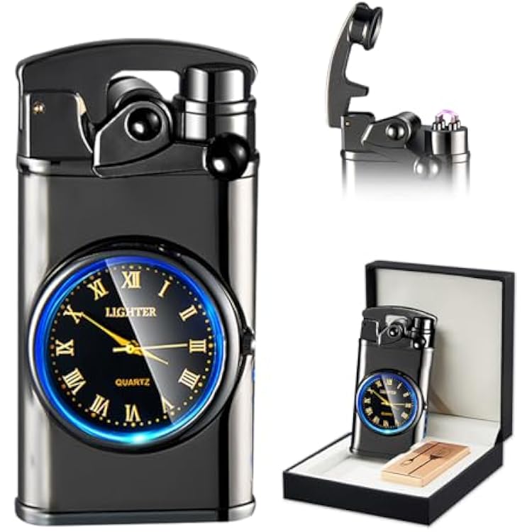 SKRFIRE Electric Plasma Electric Arc Lighter, Windproof Lighters, Metal Lighter Luminous Real Watch dial LED Lighting Black