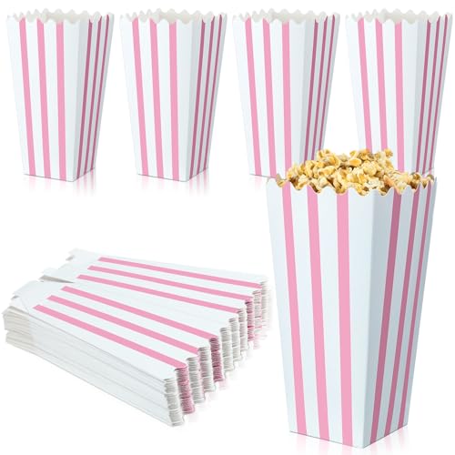 Geyoga 48 Pcs Pastel Pink Popcorn Boxes Small Large Pink and White Striped Paper Popcorn Bags Candy Containers for Birthday Party Favor Supplies8 x 4 Inches, Large