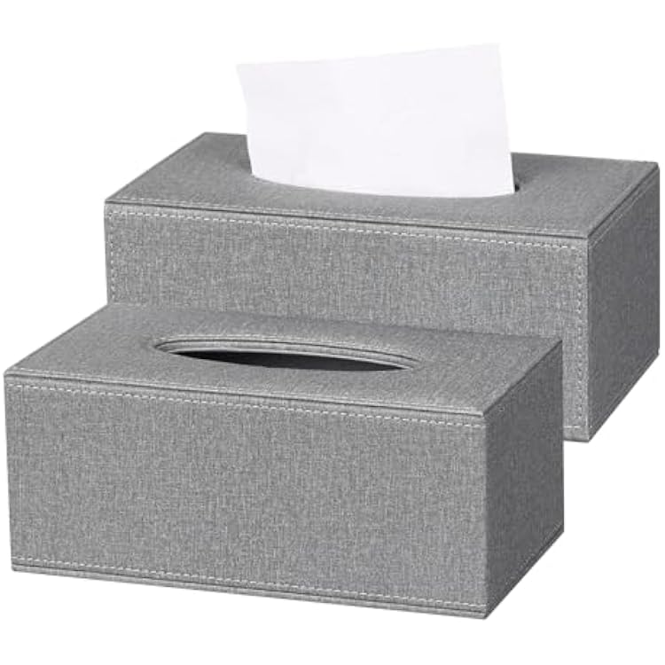 2 Pack Tissue Box Cover, Leather Tissue Box Holder, Stylish Tissue Box Holder with Magnetic Bottom, Rectangle Tissue Box for Vanity, Toilet Tank, Counter, Night Stand, Office, Car, Gray
