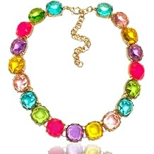 Chunky Rainbow Rhinestone Collar Necklace for Women, Vibrant Multicolor Big Gems with Gold Chain Adjustable, Sparkling Fashion Party Costume Jewelry for Prom & Holiday Gift