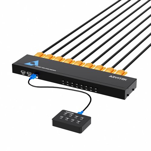 8 Port VGA KVM Switch, Arvitek Rack Mount Console for 8 PCs Share 1 Monitor & Keyboard Mouse, Includes 8 KVM Cables, Wired Desktop Controller, Rack Ears