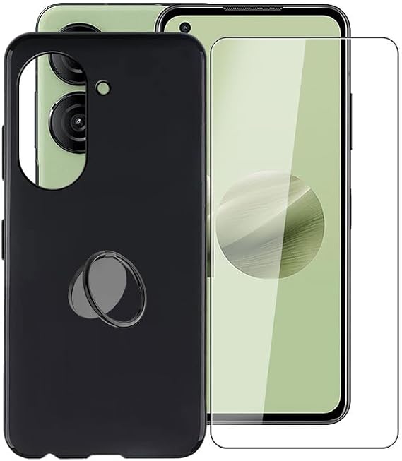 for Asus Zenfone 10 Case, [ 1 x Tempered Glass Protective Film], Shockproof Soft Cover, with [360 Rotation Ring Kickstand] Case for Asus Zenfone 10 (5.92") - Black