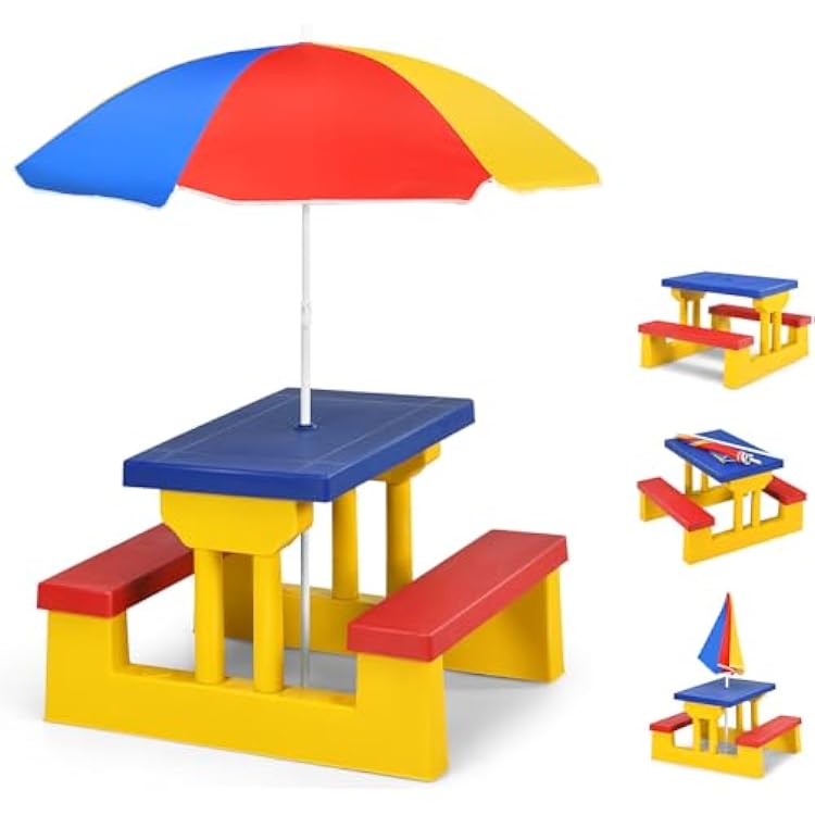 Kids Picnic Table, Kids Outdoor Table and Chairs with Removable and Adjustable Umbrella, Portable Toddler Picnic Table for Patio, Backyard, Garden Colorful