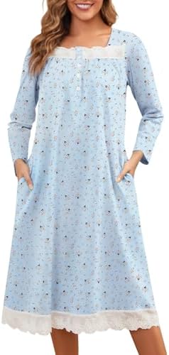 Bloggerlove 100% Cotton Nightgowns for Women Button Down Long Sleeve House Dress Lace Nightdress with Pockets