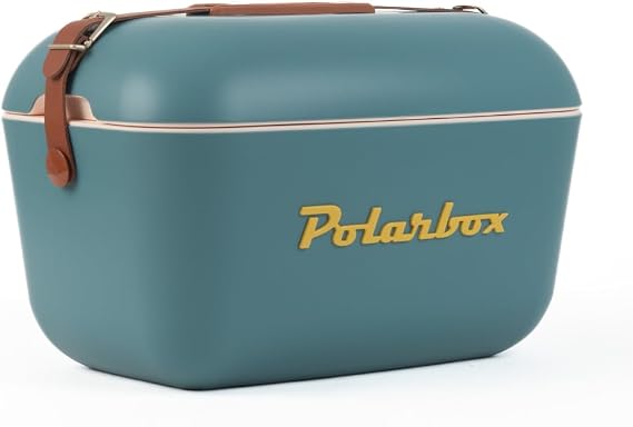 Polarbox Classic Cool Bag with Leather Strap, Rigid Insulated Cooler Bag for Beach, Picnic, Party, Convertible Lid, Polypropylene, Blue and Navy, 12L, 40cm x 26cm