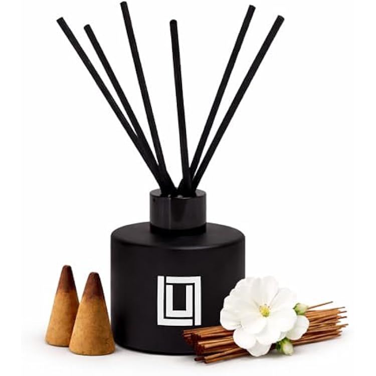 Lulu Candles | Reed Diffuser Set | Nag Champa - Indian Incense | 6 Reed Sticks | Scent Diffuser for Bedroom Bathroom Living Room & Office 4.2 FL Oz.