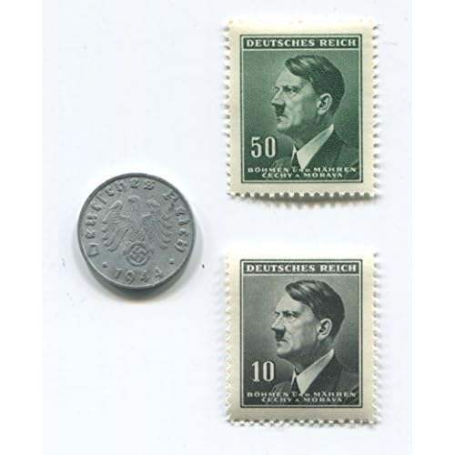 Nazi World War Two WW2 German Third Reich Swastika Coin and Hitler Stamp SetCollection