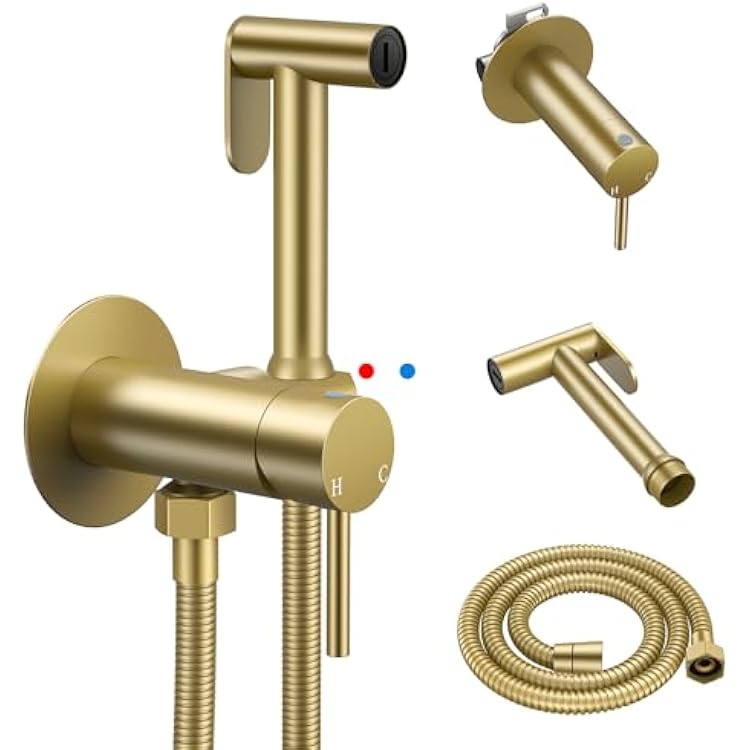 Arofa Built-in Hot and Cold Handheld Bidet Sprayer for Toilet, Gold Warm Water Bidet with Adjustable Water Flow, Dual Control Mode Muslim Shower with Spray Hose for Feminine Wash, Wall Mounted