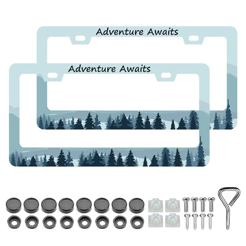 Adventure Awaits License Plate Frames - 2 PCS Mountain Forest License Plate Holder, Aluminum Alloy Rust-Proof Auto Parts License Plate Cover Decoration for Standard Us 12x6 Inch