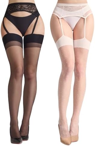 2 Pairs Womens Patterned Garter Tights Lace Suspender Pantyhose Sheer Thigh High Stockings