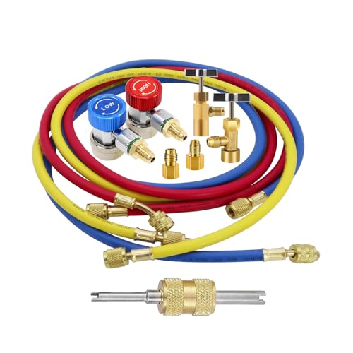 72 AC Refrigerant Gauge Hose Set | Works with R12, R22, R502, R134a | 4000-800 PSI High Pressure | Durable Brass & Rubber | Includes Quick Couplers & Can Tap Valve | Ideal for Automotive HVAC Systems