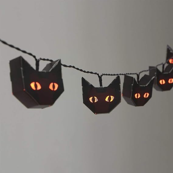 TWINKVILLA Halloween Lights String, Black Cat Light Battery Operated, 15 Orange Led with Black Paper Cat Lantern for Halloween Party Bedroom Mantle Fireplace Decoration