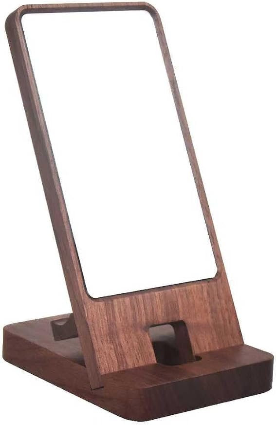 Wood Phone Stand with Mirror, Desktop Wooden Phone Holder, Portable Office Phone Stand for Desk, Wood ipad Stand, Compatible with iPhone & All Cell Phones(Walnut with Mirror)