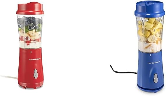 Hamilton Beach Personal Smoothie Blender With 14 Oz Travel Cup And Lid, Blue 51132 & Hamilton Beach Personal Blender for Shakes and Smoothies with 14oz Travel Cup and Lid, Red (51101RV)